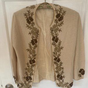 Vintage 1940's light tan wool ornately beaded cardigan--size medium